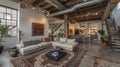 Industrial loft living space with exposed ductwork and concrete floors