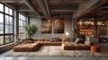 Industrial loft living space with exposed ductwork and concrete floors