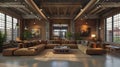 Industrial loft living space with exposed ductwork and concrete floors