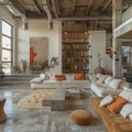 Industrial loft living space with exposed ductwork and concrete floors