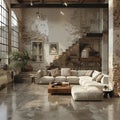 Industrial loft living space with exposed ductwork and concrete floors