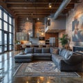 Industrial loft living space with exposed ductwork and concrete floors