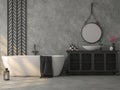 Industrial loft style bathroom with polished concrete 3d render
