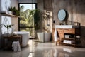 Industrial loft style bathroom with polished concrete, Furnished with white bathtub, Decorating with decorative patterns of Royalty Free Stock Photo
