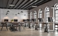 Industrial loft style office with arch shape window 3d render