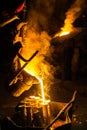 Industrial lost wax casting. The process of pouring for filling out ceramic shells with molten steel. Royalty Free Stock Photo