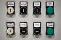 Industrial machine control panel with buttons and signals. center alarm button emergency, stop, side shift, overload, aktive Royalty Free Stock Photo