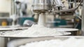 Industrial Machine Filling Metal Container With White Powder. Production Process Royalty Free Stock Photo