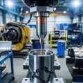 Industrial machine performing precision metalworking on a cylindrical component in a factory setting Royalty Free Stock Photo