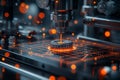 An industrial machine tool etches intricate circuits on a glowing silicon wafer, a high tech manufacturing facility. for Royalty Free Stock Photo
