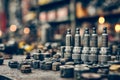 Industrial machinery components and fasteners arranged on a workbench in a workshop Royalty Free Stock Photo