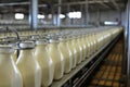 Industrial machinery filling milk and yogurt into plastic bottles at a modern dairy plant