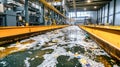 Industrial machinery operates to clean garbage from wastewater, utilizing nets and slats to enhance recycling efforts in the
