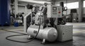 Industrial Machinery: Silver Air Compressor with Control Panel in a Factory Setting on a Gray Floor with Blue Tank and Blurred Royalty Free Stock Photo