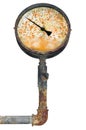 Industrial manometer, isolated pressure gauge, ruined rust meter Royalty Free Stock Photo