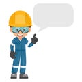 Industrial mechanic worker with his personal protective equipment with dialog box vignette with copy space for text for