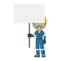 Industrial mechanic worker with his personal protective equipment holding a banner with space for text for advertising,