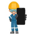 Industrial mechanic worker with his personal protective equipment with mobile phone. Concept of communication, notification and