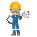 Industrial mechanic worker making an announcement with a megaphone with notepad. Supervising engineer with personal protective