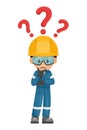 Industrial mechanic worker worker pensive and expressing doubt with question sign for FAQ concept. Engineer with his personal