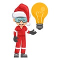 Industrial mechanic worker with Santa Claus hat with a giant light bulb. Merry christmas. Creative idea symbol. Industrial safety