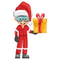 Industrial mechanic worker with Santa Claus hat with his personal protective equipment with gift box. Merry christmas. Safety