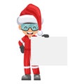 Industrial mechanic worker with Santa Claus hat holding a banner with space for text for advertising, presentations, brochures.