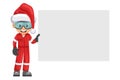 Industrial mechanic worker with Santa Claus hat holding a sign with space for text for advertising, presentations, brochures.