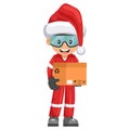 Industrial mechanic worker with Santa Claus hat loading a box for delivery, distribution and storage. Merry christmas. Industrial