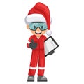 Industrial mechanic worker with Santa Claus hat with notepad for project evaluation with thumb up. Supervisor engineer. Merry