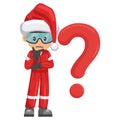 Industrial mechanic worker with Santa Claus hat pensive and expressing doubt with giant question sign for FAQ concept. Merry