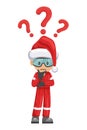 Industrial mechanic worker with Santa Claus hat pensive and expressing doubt with question sign for FAQ concept. Merry christmas