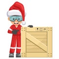 Industrial mechanic worker with Santa Claus hat with wooden box for delivery, storage and shipping. Engineer with his personal