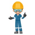 Industrial mechanical worker with his personal protective equipment pointing his finger. Express an idea and indicate with the