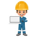 Industrial mechanical worker with a laptop. Integration of technology and data analysis in the industry. Digital tools to manage, Royalty Free Stock Photo
