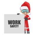 Industrial mechanical worker with Santa Claus hat and work safety poster. Merry christmas. Safety first. Engineer with safety