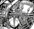 Industrial mechanism black and white background. Modern motorbike engine. Motorsport coloring page. Royalty Free Stock Photo