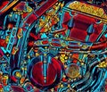 Industrial mechanism neon toned background. Vintage motorcycle detail vivid digital illustration. Royalty Free Stock Photo