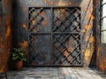 Industrial Metal Grid Stand Against a Raw Concrete Wall The cool metals blur into the urban toughness of the backdrop