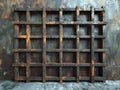 Industrial Metal Grid Stand Against a Raw Concrete Wall The cool metals blur into the urban toughness of the backdrop