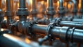 Industrial metal pipes, interconnected with valves, flanges, bolts, form complex network system. Pipeline structure represents Royalty Free Stock Photo