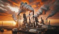 Industrial Might and Environmental Blight: Smokestacks at Sunset. Royalty Free Stock Photo