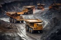 Industrial mining trucks and excavator at a gold mining site