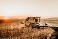 Industrial modern agriculture combine harvester machinery working in the fields and harvesting corn Royalty Free Stock Photo