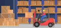 Industrial modern warehouse interior with delivery boxes shelves goods and pallet trucks. Cargo company storage and