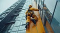 Industrial mountaineering worker in uniform hangs over residential facade building, washing exterior glassing. Rope access laborer