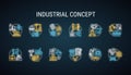 Industrial neon light concept icons set. Economy segment idea. Primary, secondary industry. Products manufacturing