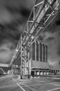 Industrial night scene with massive pipeline overpass construction Royalty Free Stock Photo