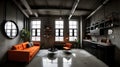 Industrial Oasis Loft-Style Studio Apartment with Urban Chic Aesthetic in Concrete Gray, Rusty Orange, and Matte Black Cabinet