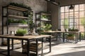 Industrial Loft Office with Biophilic Design Royalty Free Stock Photo
